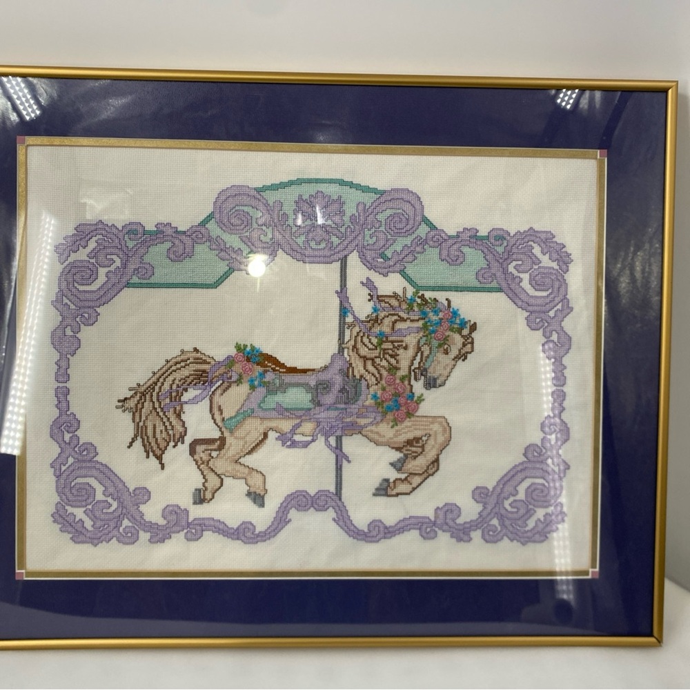 Framed Carousel Horse cross stitched Art